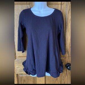 LOGO Lori Goldstein Dark Purple Scoop Neck 3/4th Sleeve Tunic XS With Ruffles